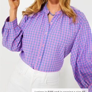 Pink and Blue Puff Sleeve Button Down Top with Mandarin Collar